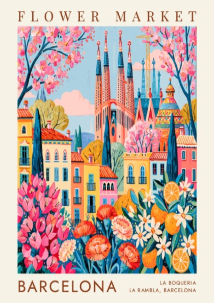 Vibrant travel poster featuring a flower market and colorful city buildings in Barcelona