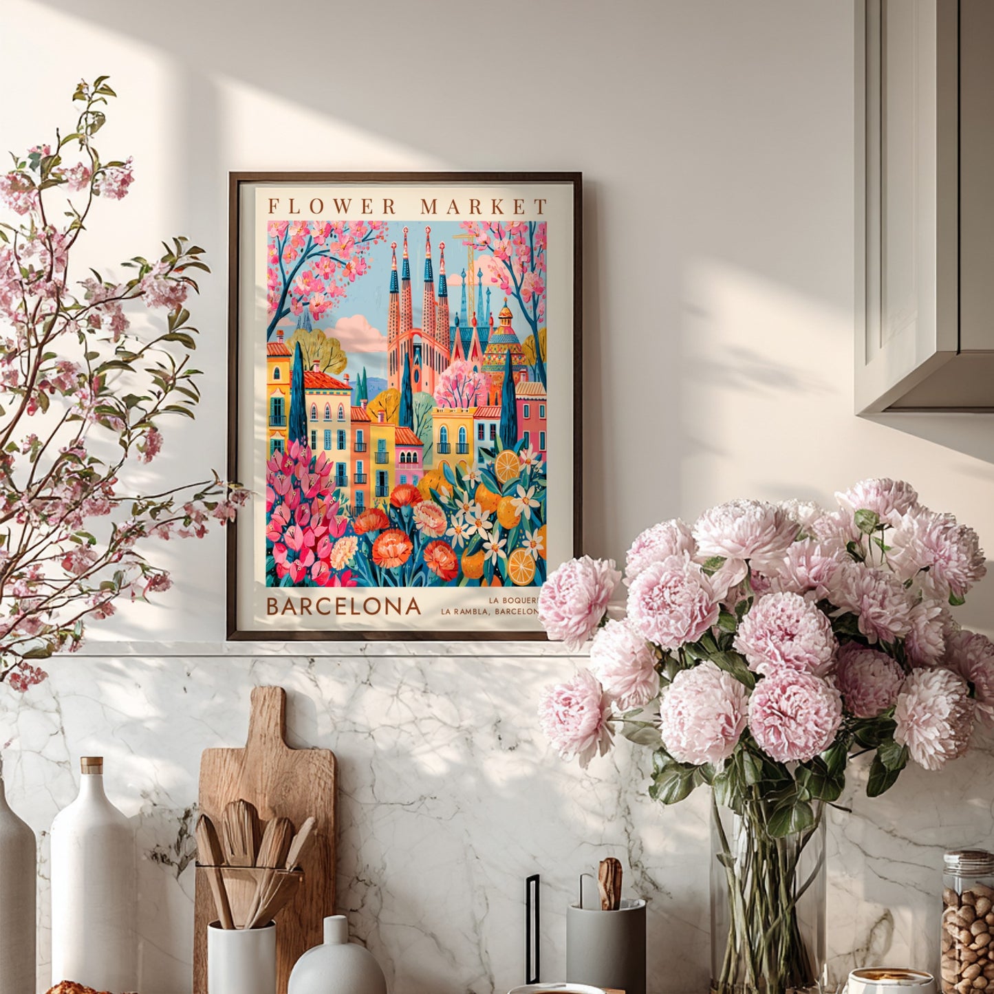 Vibrant travel poster featuring a flower market and colorful city buildings in Barcelona