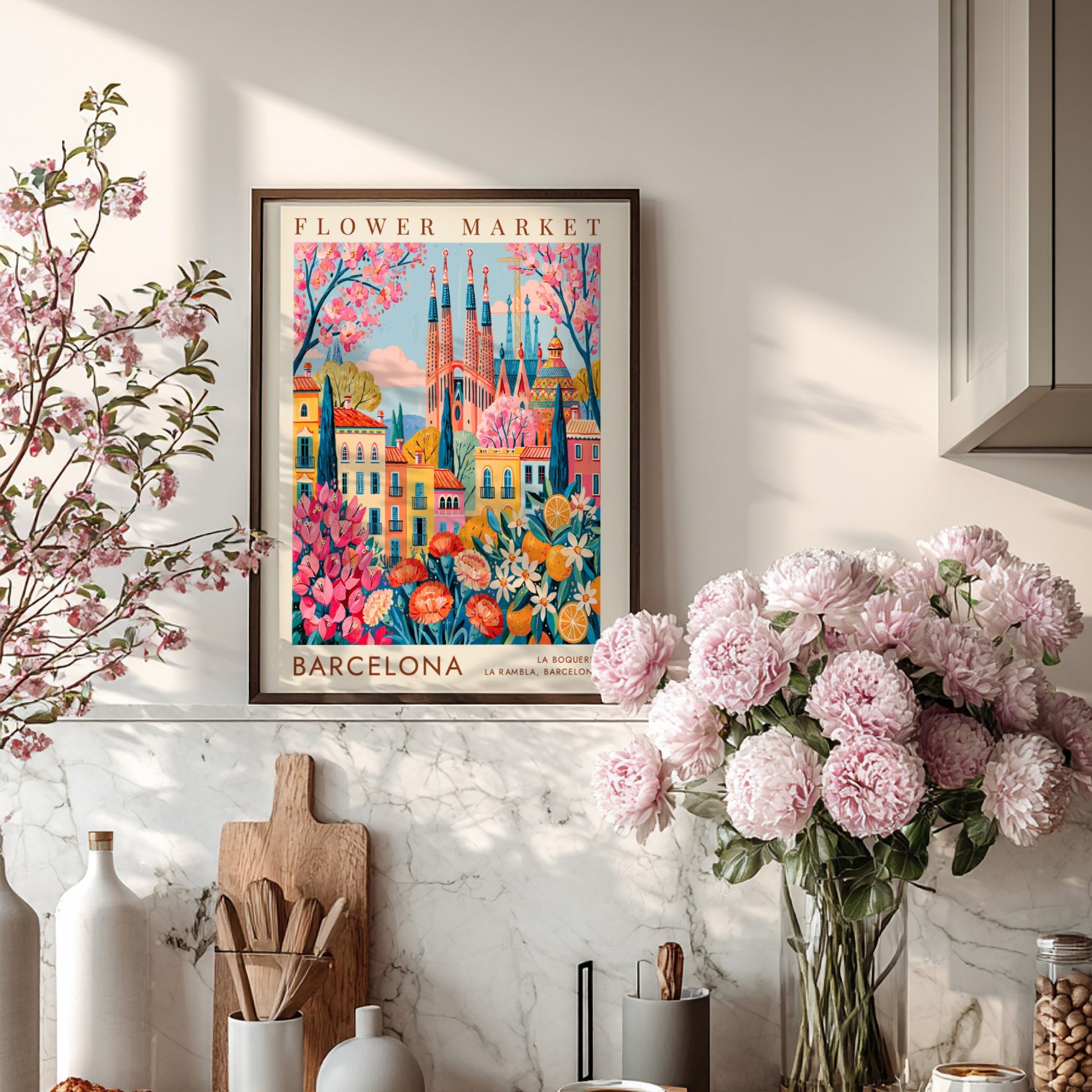 Vibrant travel poster featuring a flower market and colorful city buildings in Barcelona