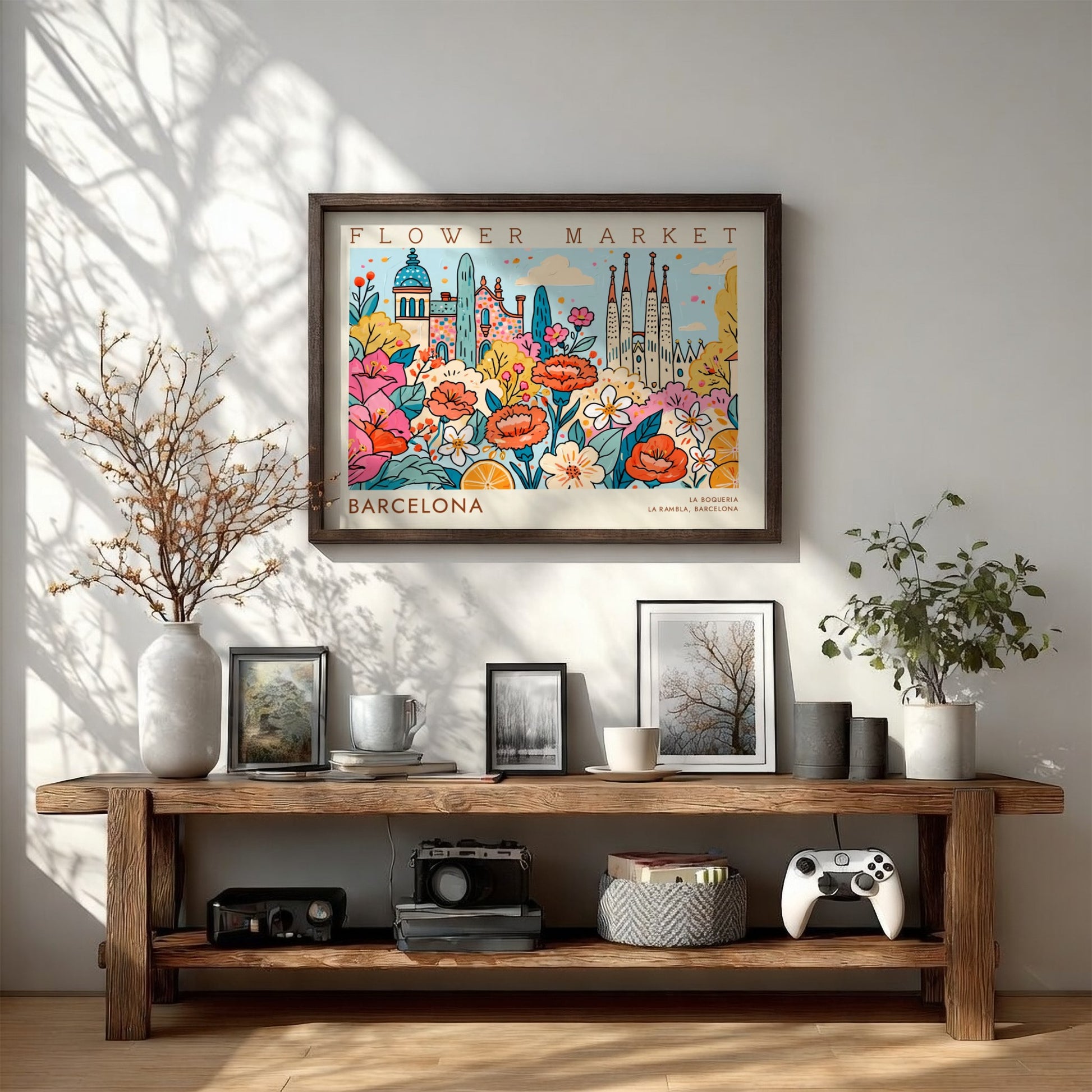 Flower market poster featuring vibrant blooms and Barcelona architecture in a colorful style