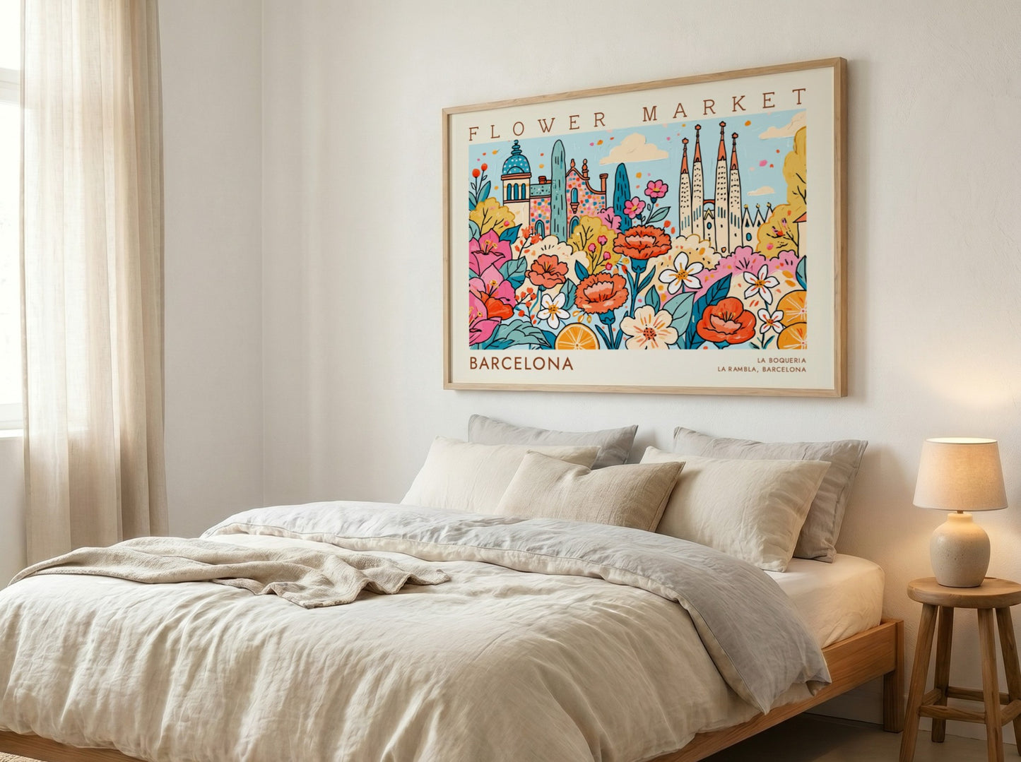 Flower market poster featuring vibrant blooms and Barcelona architecture in a colorful style