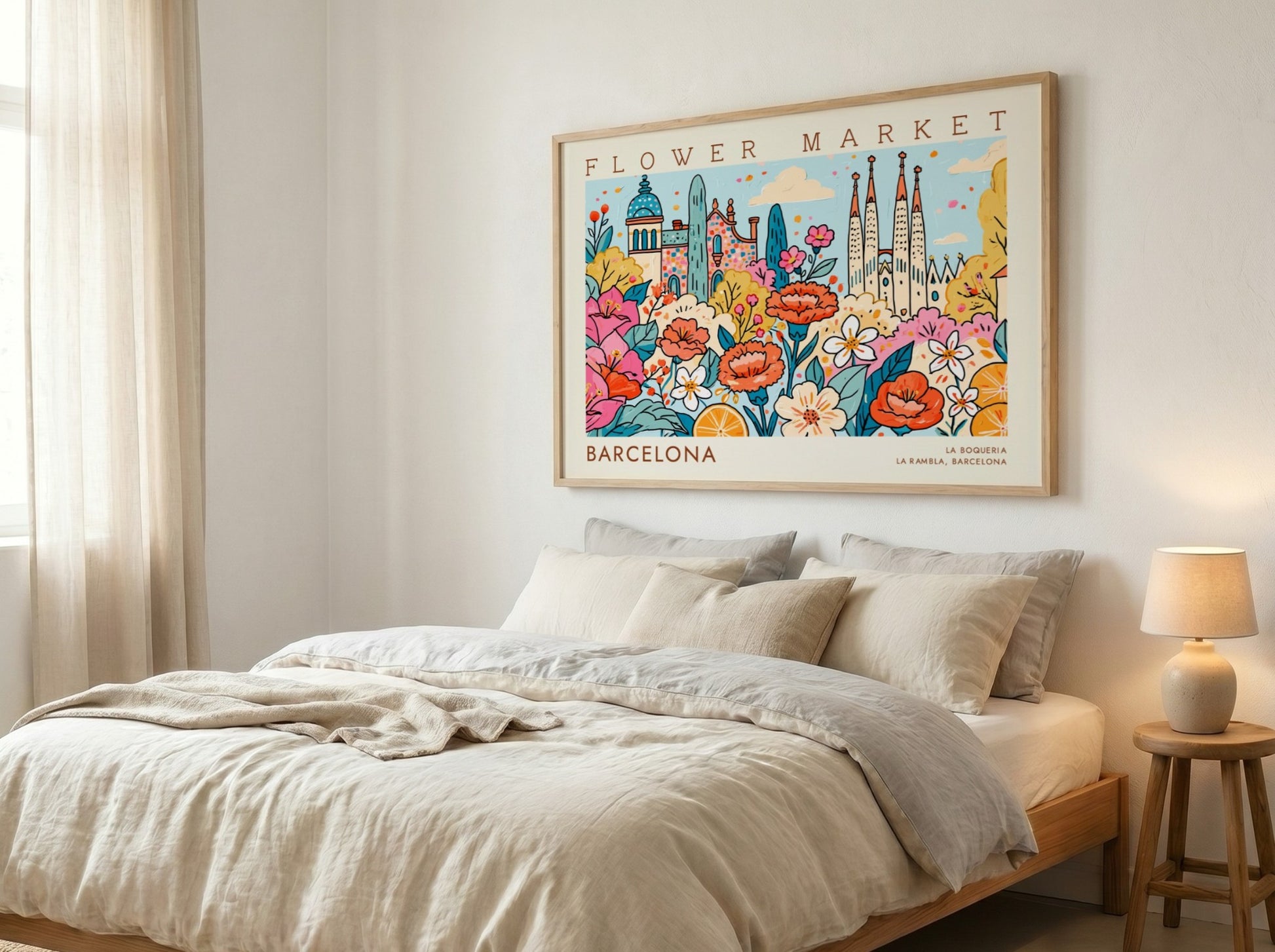 Flower market poster featuring vibrant blooms and Barcelona architecture in a colorful style