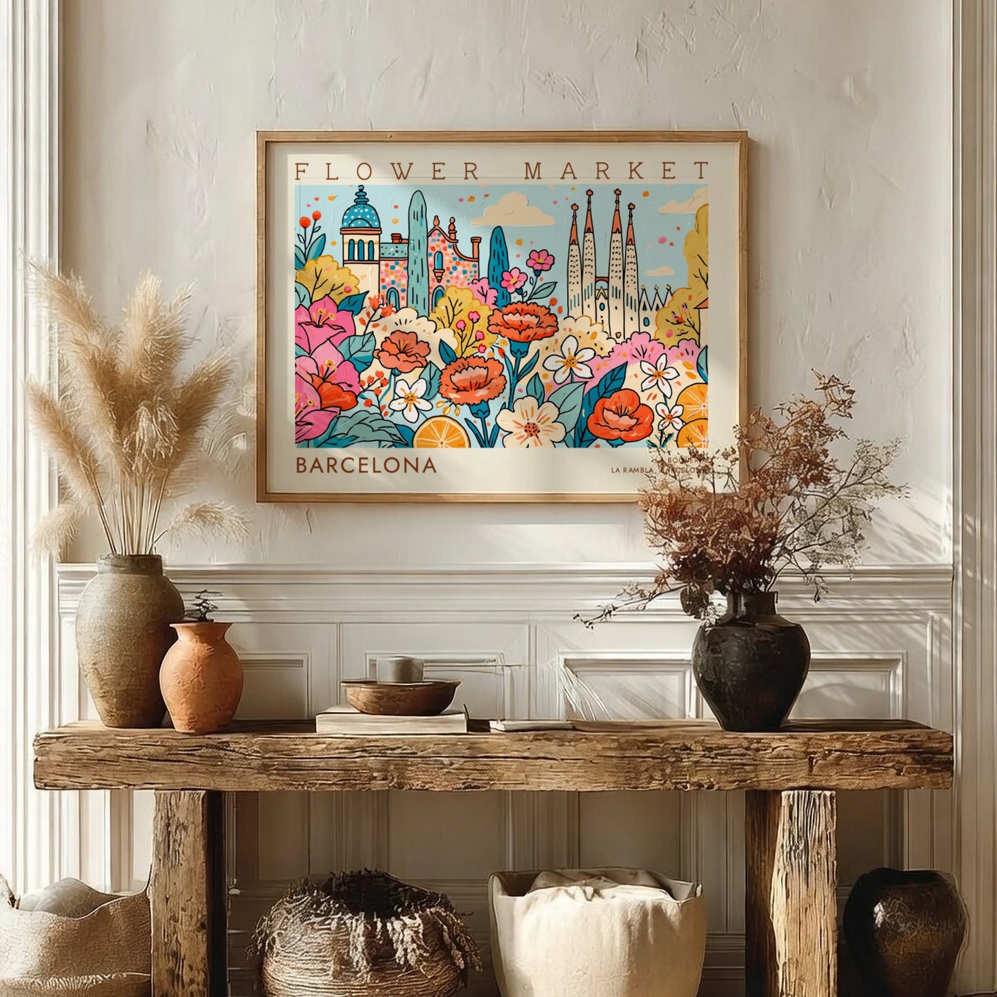 Flower market poster featuring vibrant blooms and Barcelona architecture in a colorful style