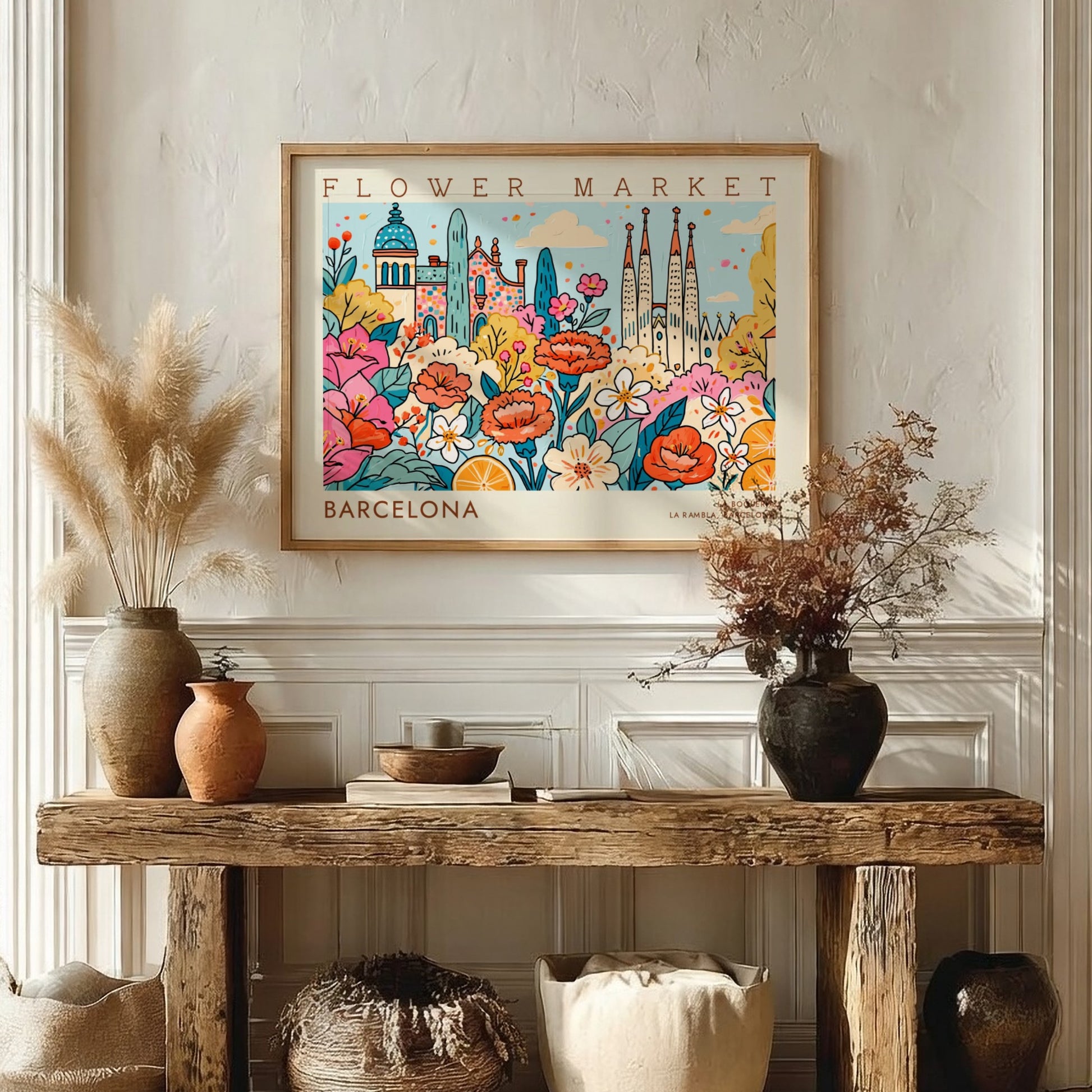 Flower market poster featuring vibrant blooms and Barcelona architecture in a colorful style