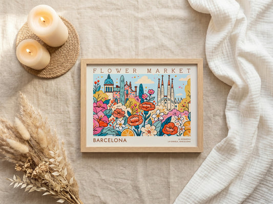 Flower market poster featuring vibrant blooms and Barcelona architecture in a colorful style