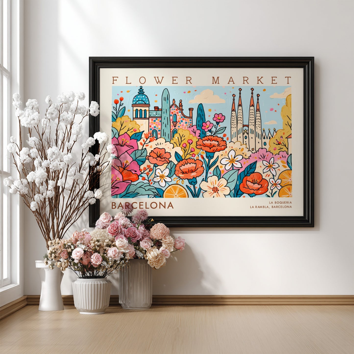 Flower market poster featuring vibrant blooms and Barcelona architecture in a colorful style