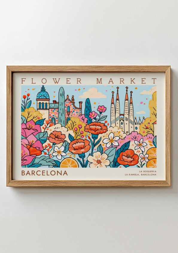 Flower market poster featuring vibrant blooms and Barcelona architecture in a colorful style