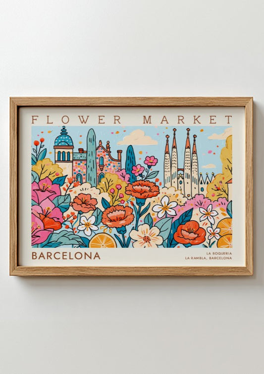 Flower market poster featuring vibrant blooms and Barcelona architecture in a colorful style