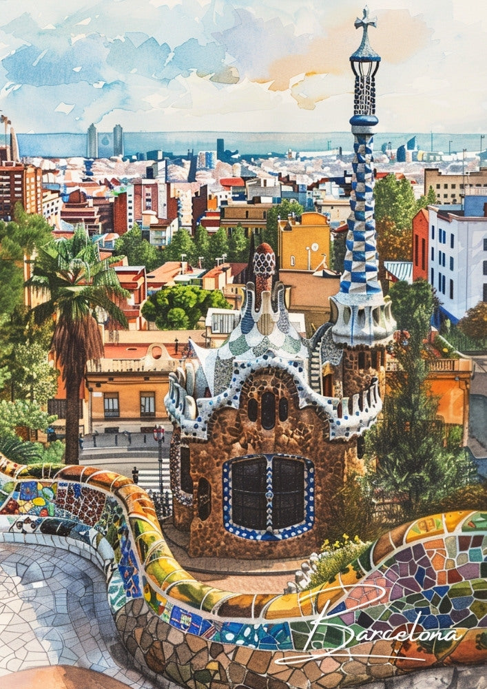 Europe BARCELONA TRAVEL PRINT - PARK GÜELL ARTWORK