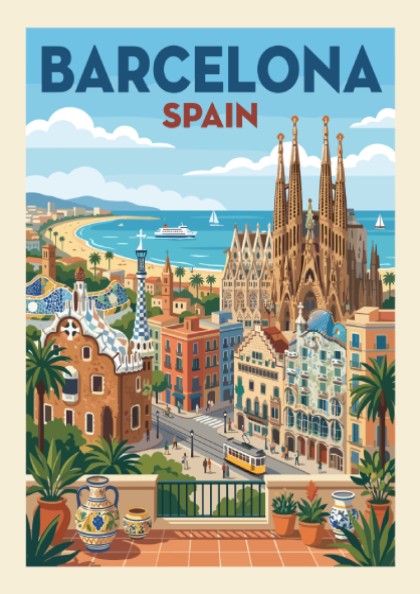 Vintage Barcelona travel poster featuring Sagrada Familia and city skyline in a warm, retro style.