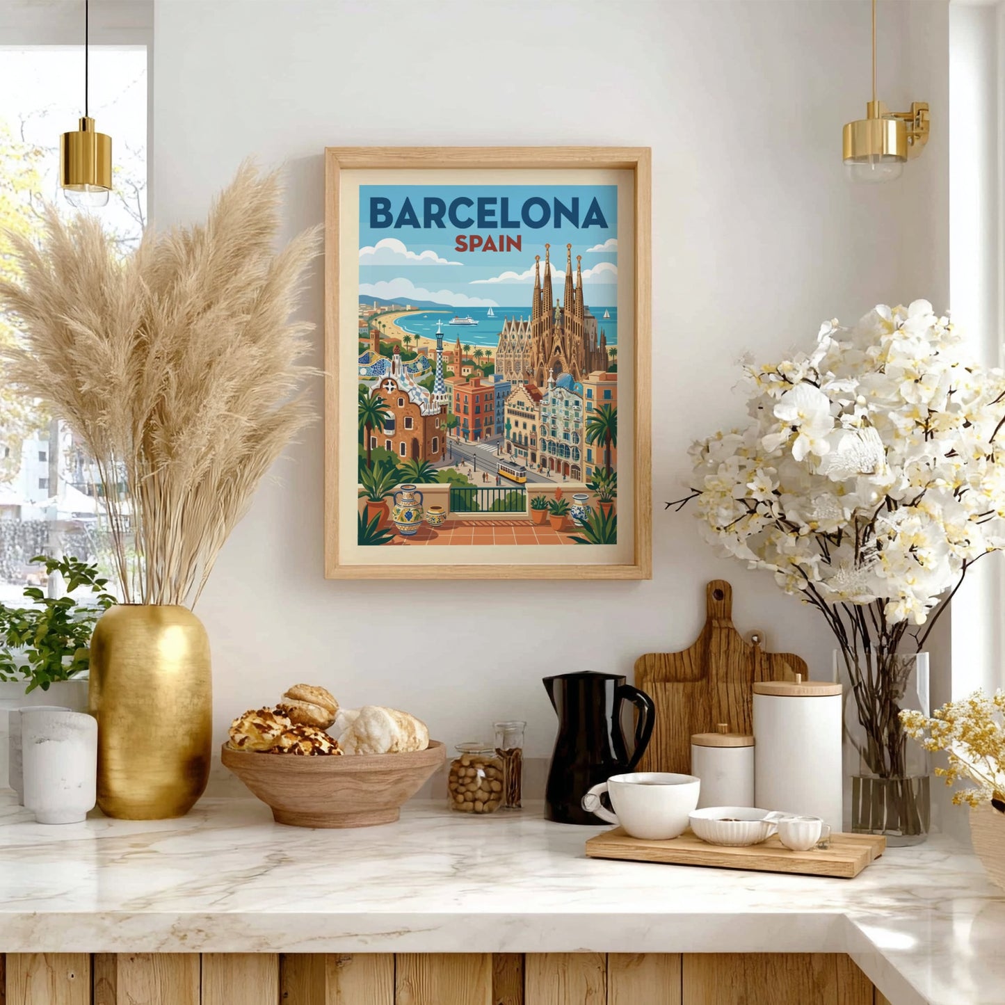 Vintage Barcelona travel poster featuring Sagrada Familia and city skyline in a warm, retro style.