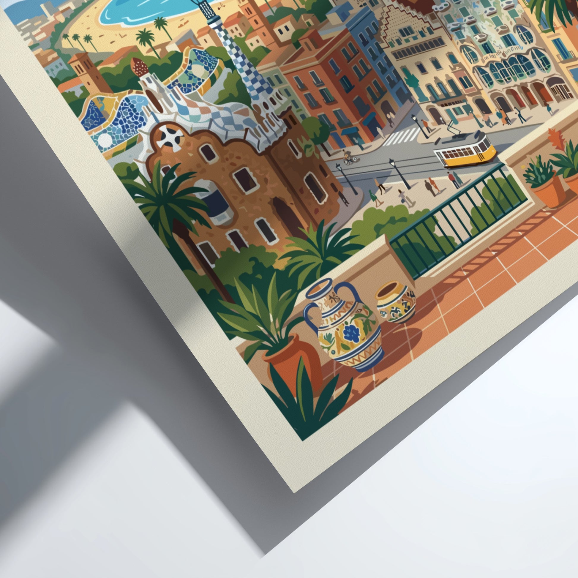 Vintage Barcelona travel poster featuring Sagrada Familia and city skyline in a warm, retro style.