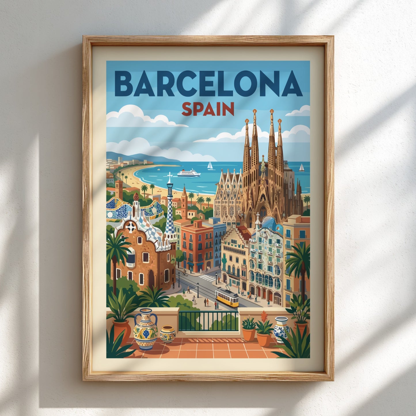 Vintage Barcelona travel poster featuring Sagrada Familia and city skyline in a warm, retro style.