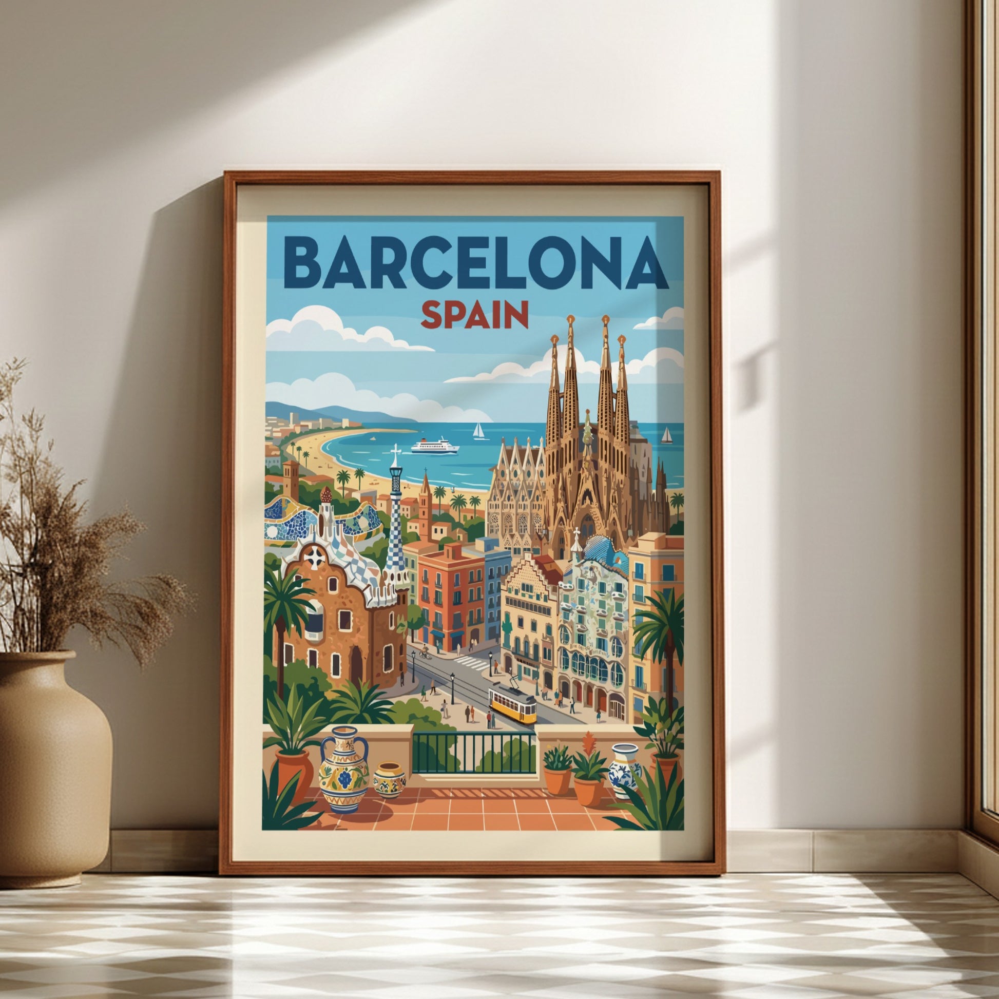 Vintage Barcelona travel poster featuring Sagrada Familia and city skyline in a warm, retro style.
