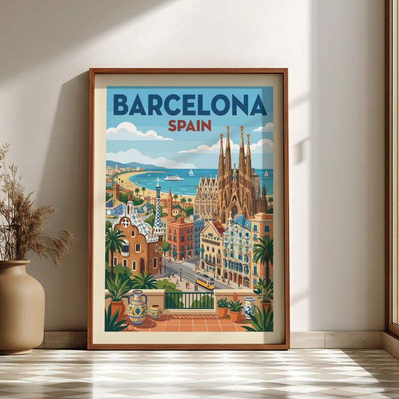 Vintage Barcelona travel poster featuring Sagrada Familia and city skyline in a warm, retro style.