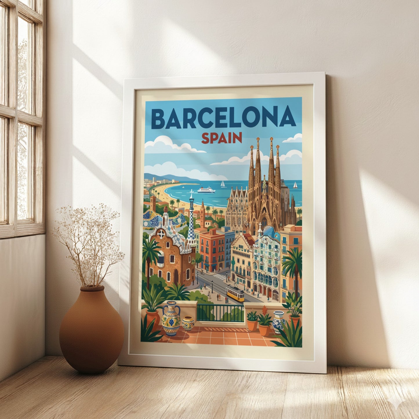 Vintage Barcelona travel poster featuring Sagrada Familia and city skyline in a warm, retro style.