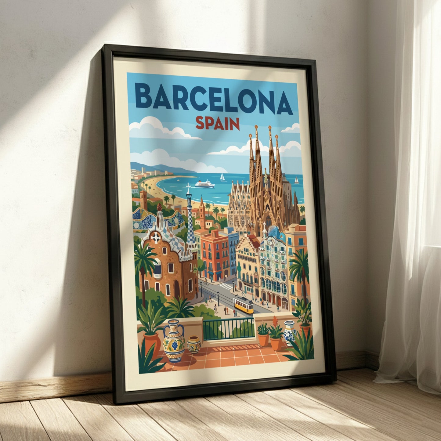 Vintage Barcelona travel poster featuring Sagrada Familia and city skyline in a warm, retro style.