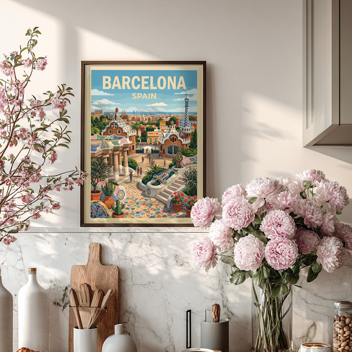 Travel poster of Barcelona Spain featuring Park Guell architecture with mosaic lizard and cityscape