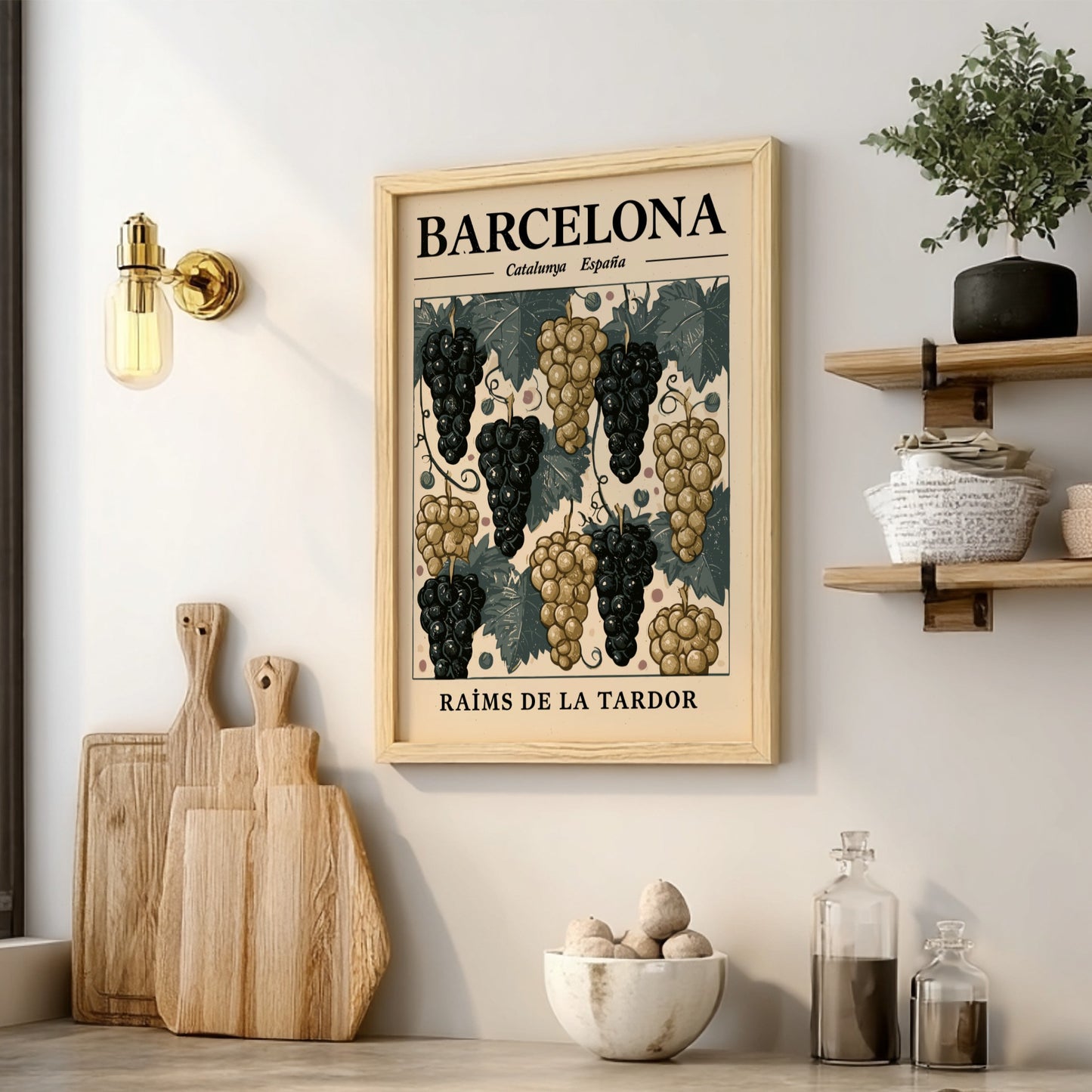 Grape kitchen poster featuring purple and gold grapes in vintage style for wall decor