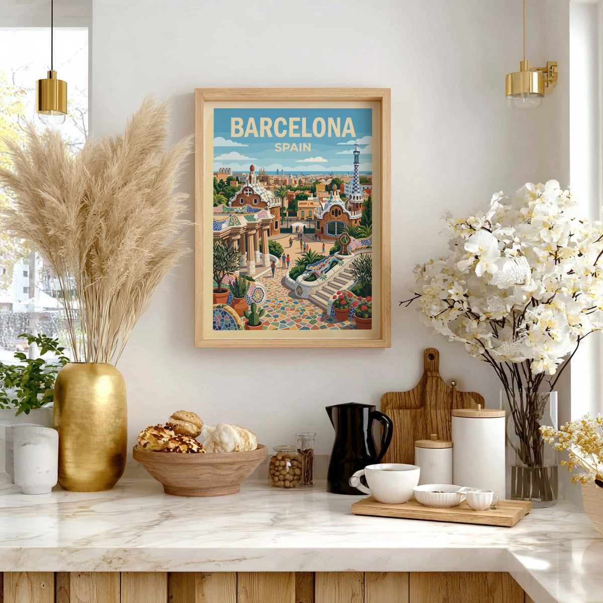 Travel poster of Barcelona Spain featuring Park Guell architecture with mosaic lizard and cityscape