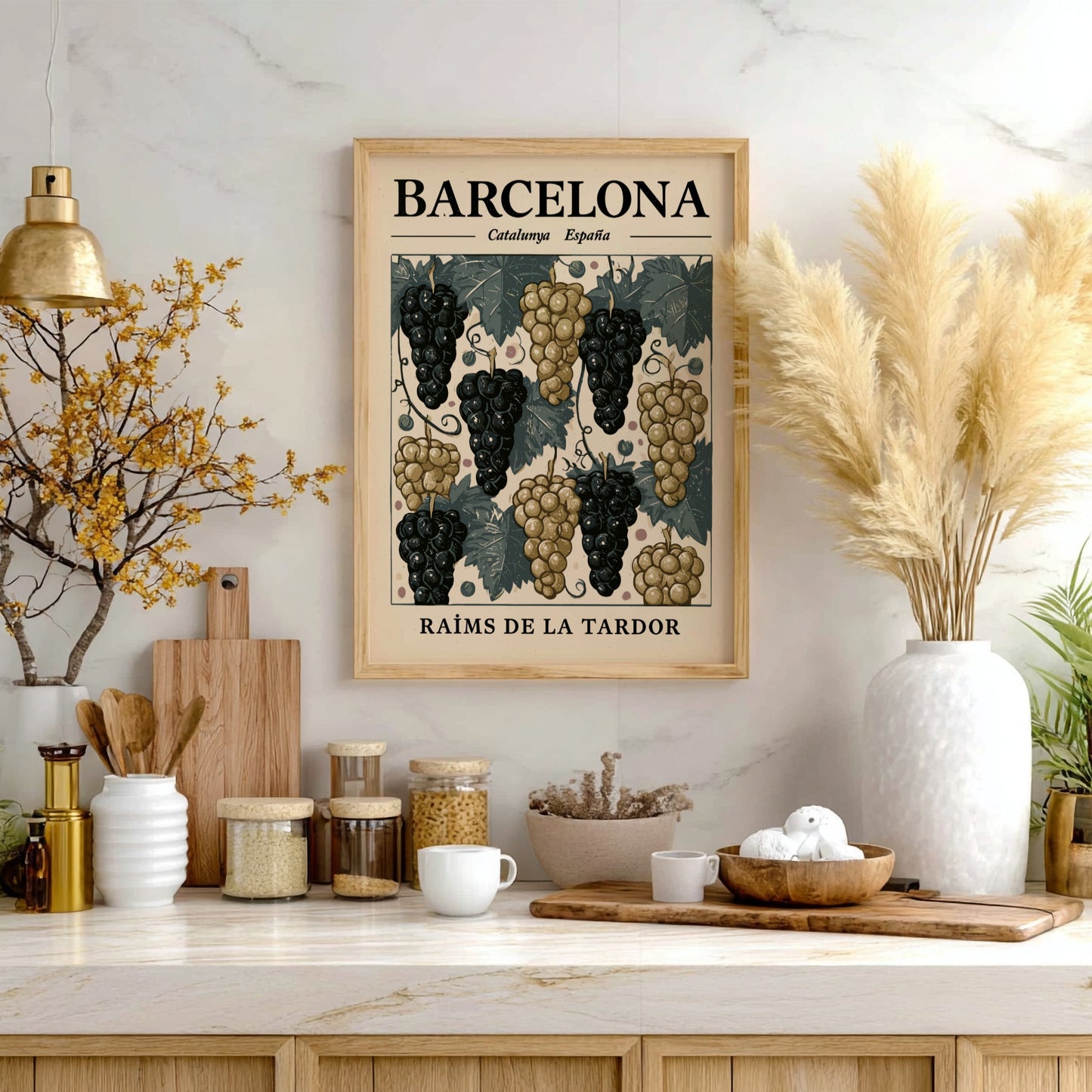 Grape kitchen poster featuring purple and gold grapes in vintage style for wall decor