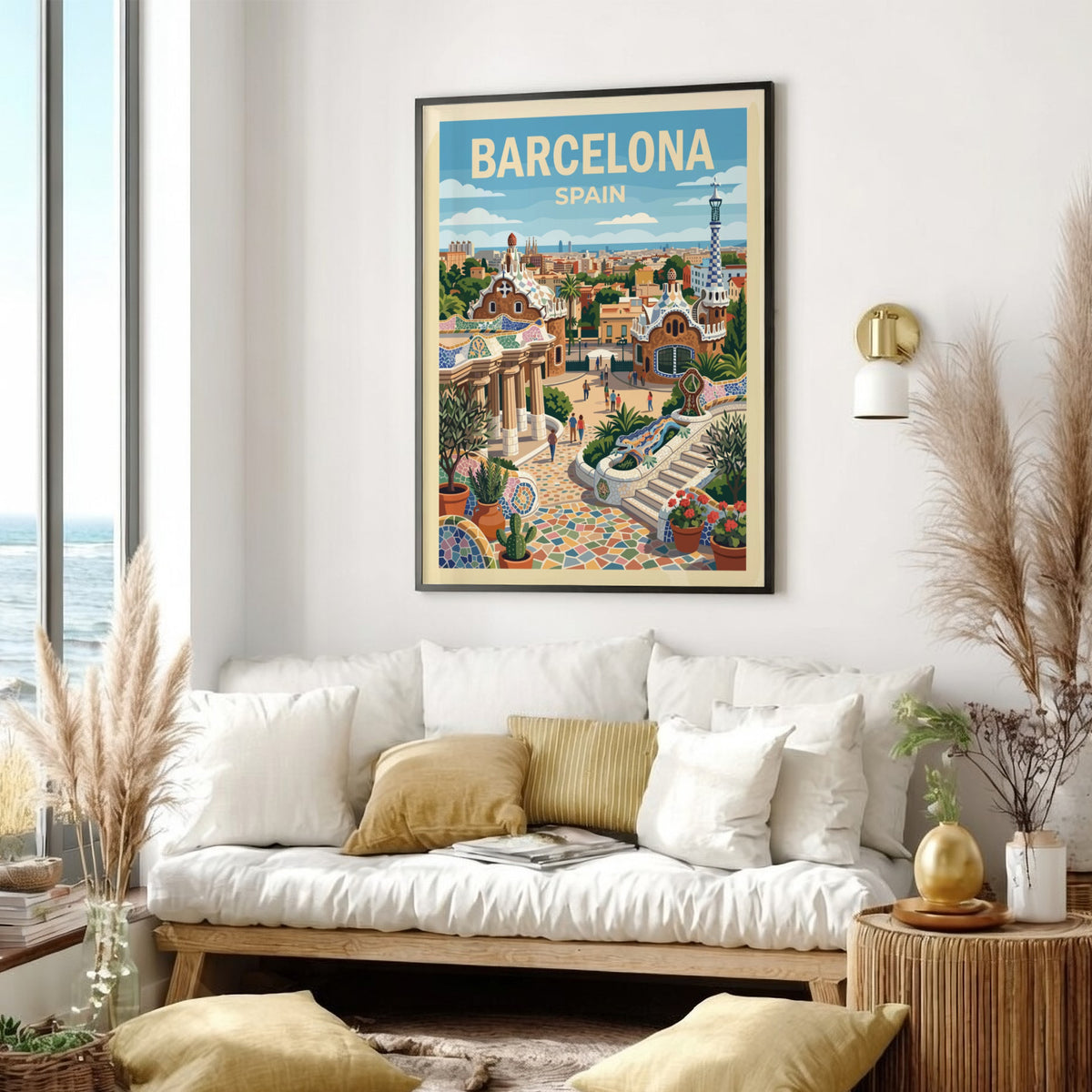 Travel poster of Barcelona Spain featuring Park Guell architecture with mosaic lizard and cityscape