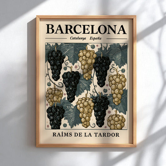 Grape kitchen poster featuring purple and gold grapes in vintage style for wall decor