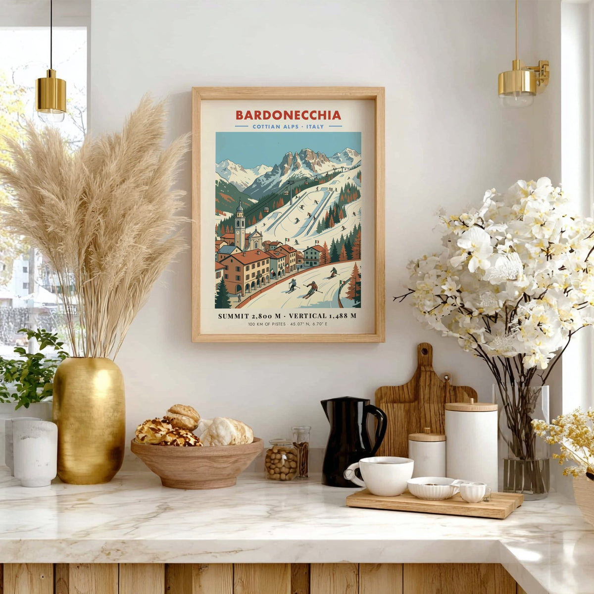Vintage travel poster of Bardonecchia in the Cottian Alps with snowy mountain slopes.