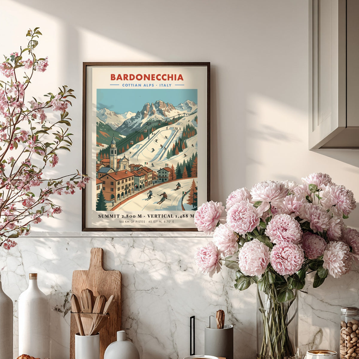 Vintage travel poster of Bardonecchia in the Cottian Alps with snowy mountain slopes.
