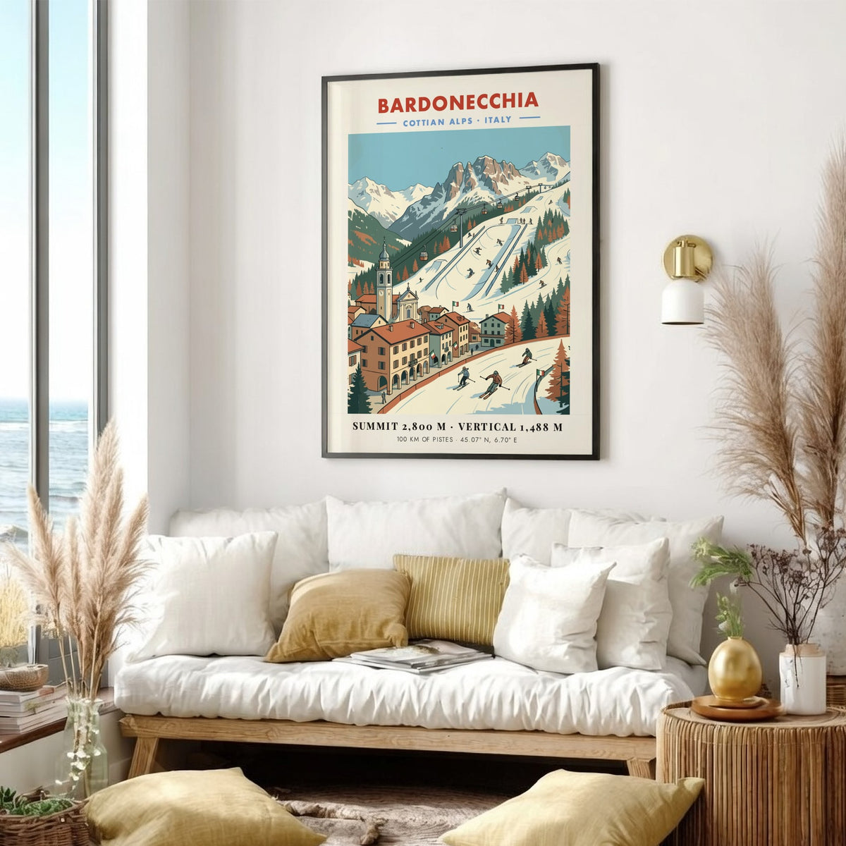 Vintage travel poster of Bardonecchia in the Cottian Alps with snowy mountain slopes.