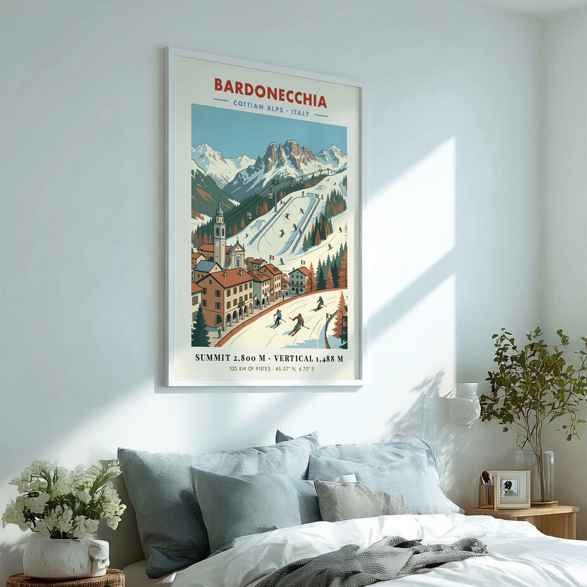 Vintage travel poster of Bardonecchia in the Cottian Alps with snowy mountain slopes.