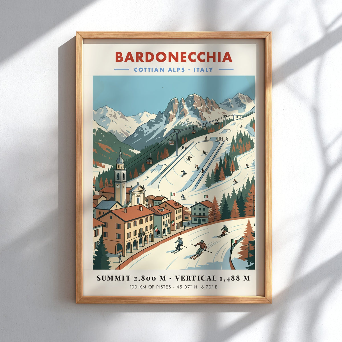 Vintage travel poster of Bardonecchia in the Cottian Alps with snowy mountain slopes.