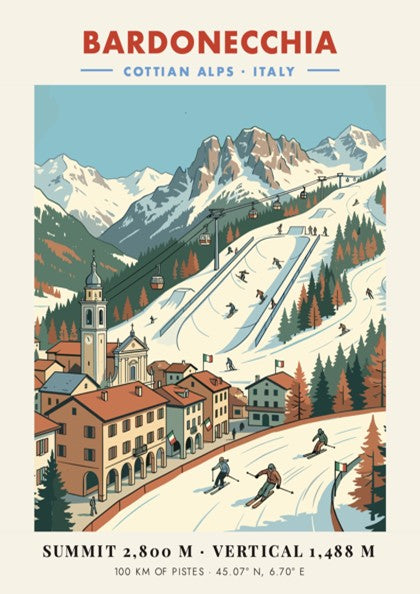Vintage travel poster of Bardonecchia in the Cottian Alps with snowy mountain slopes.
