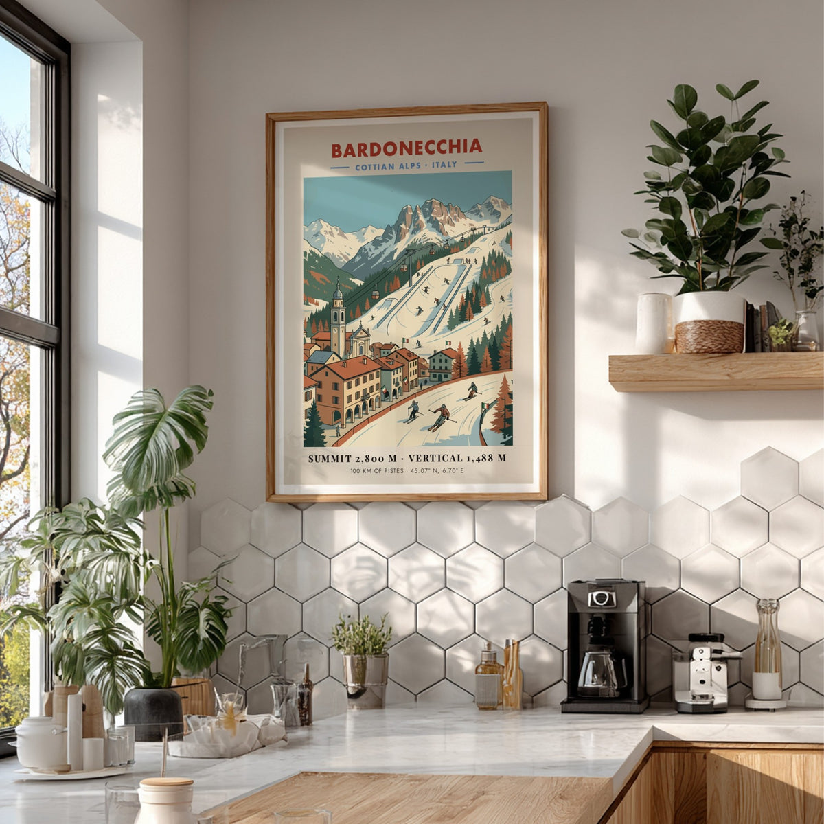 Vintage travel poster of Bardonecchia in the Cottian Alps with snowy mountain slopes.