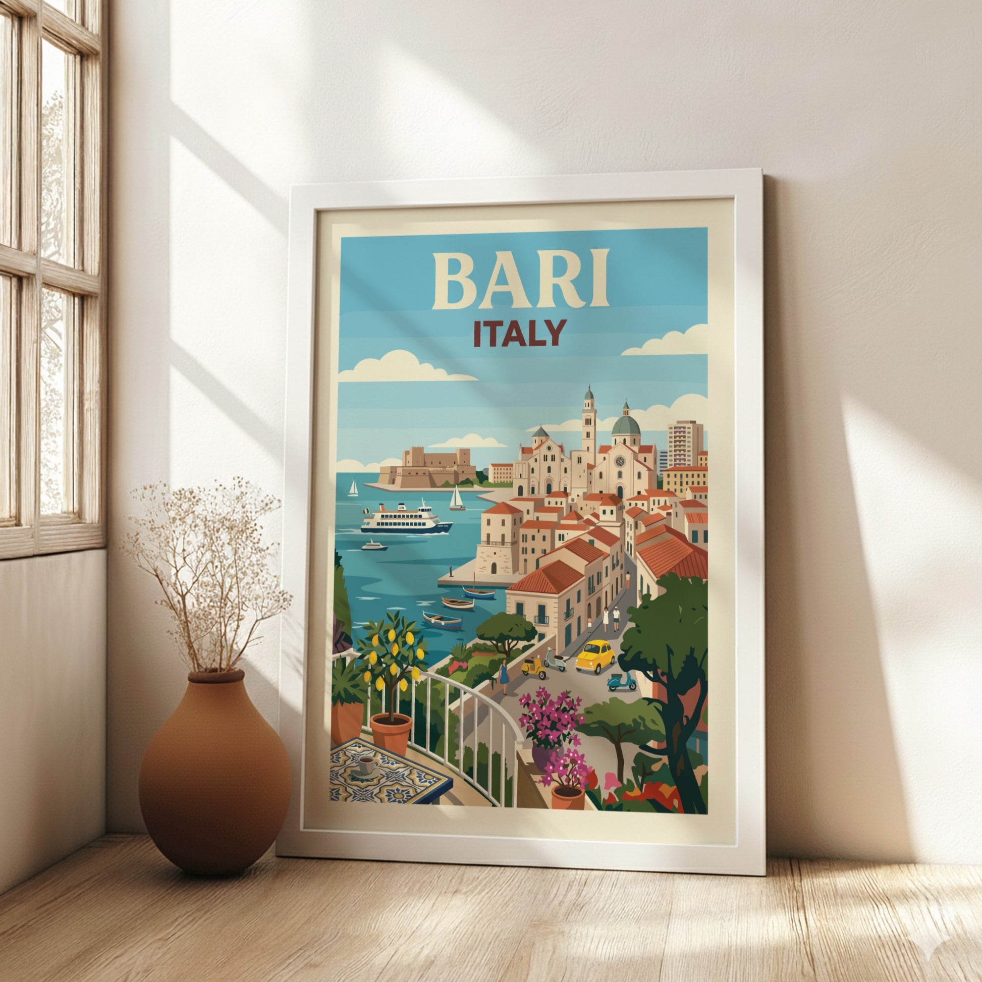 Vintage travel poster of Bari, Italy, featuring a coastal cityscape with boats and buildings in a retro style.
