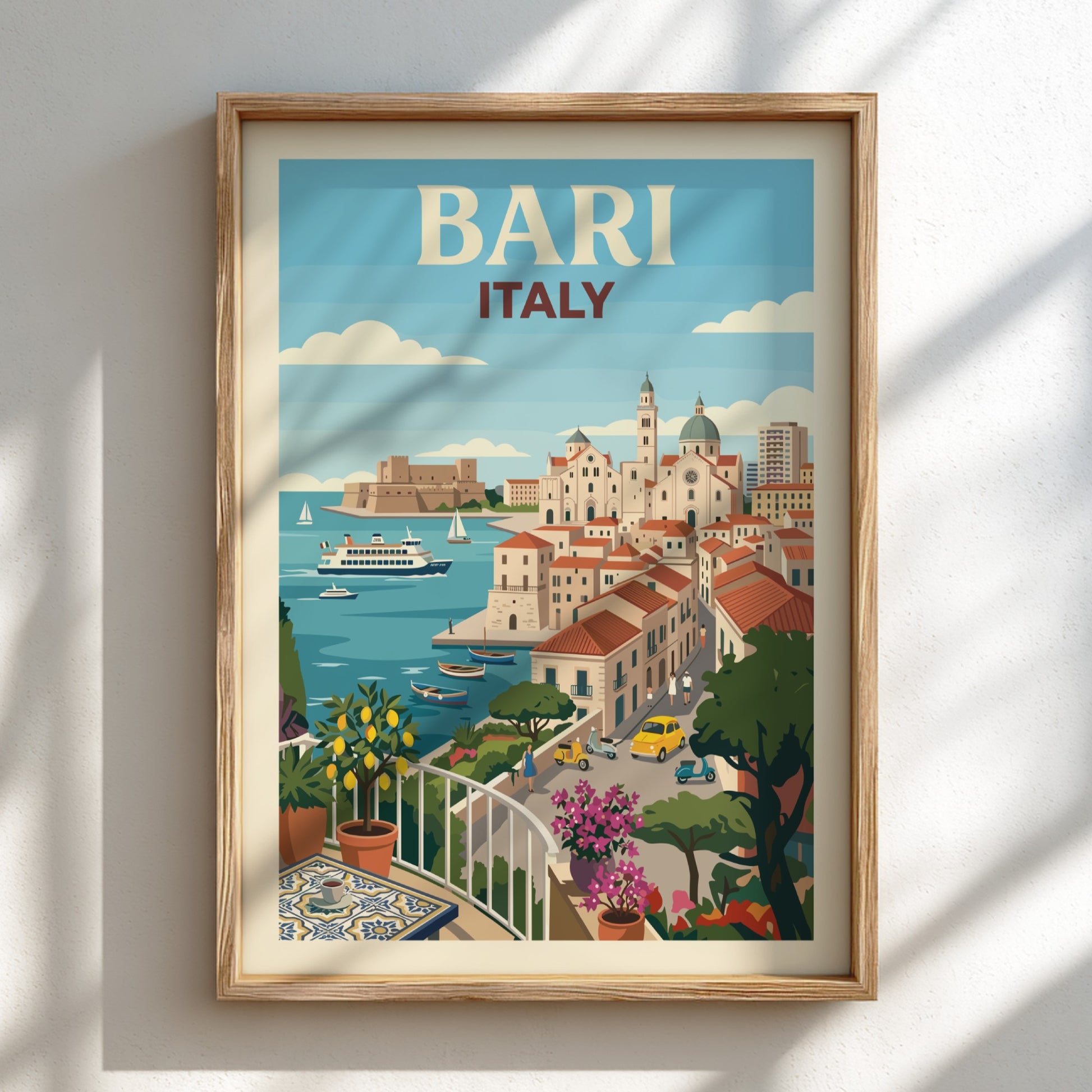 Vintage travel poster of Bari, Italy, featuring a coastal cityscape with boats and buildings in a retro style.