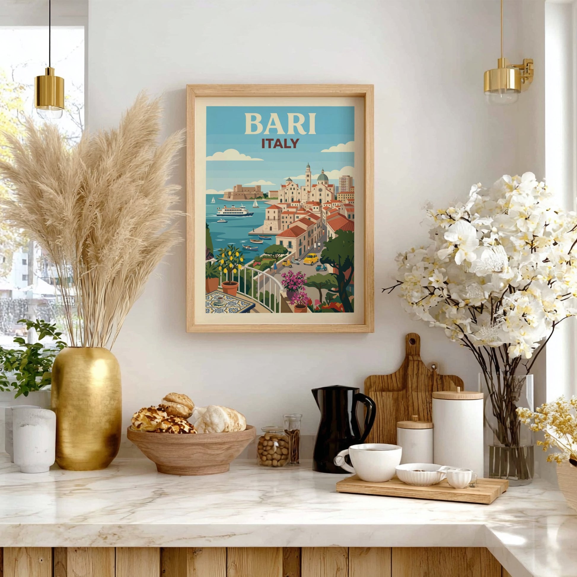 Vintage travel poster of Bari, Italy, featuring a coastal cityscape with boats and buildings in a retro style.