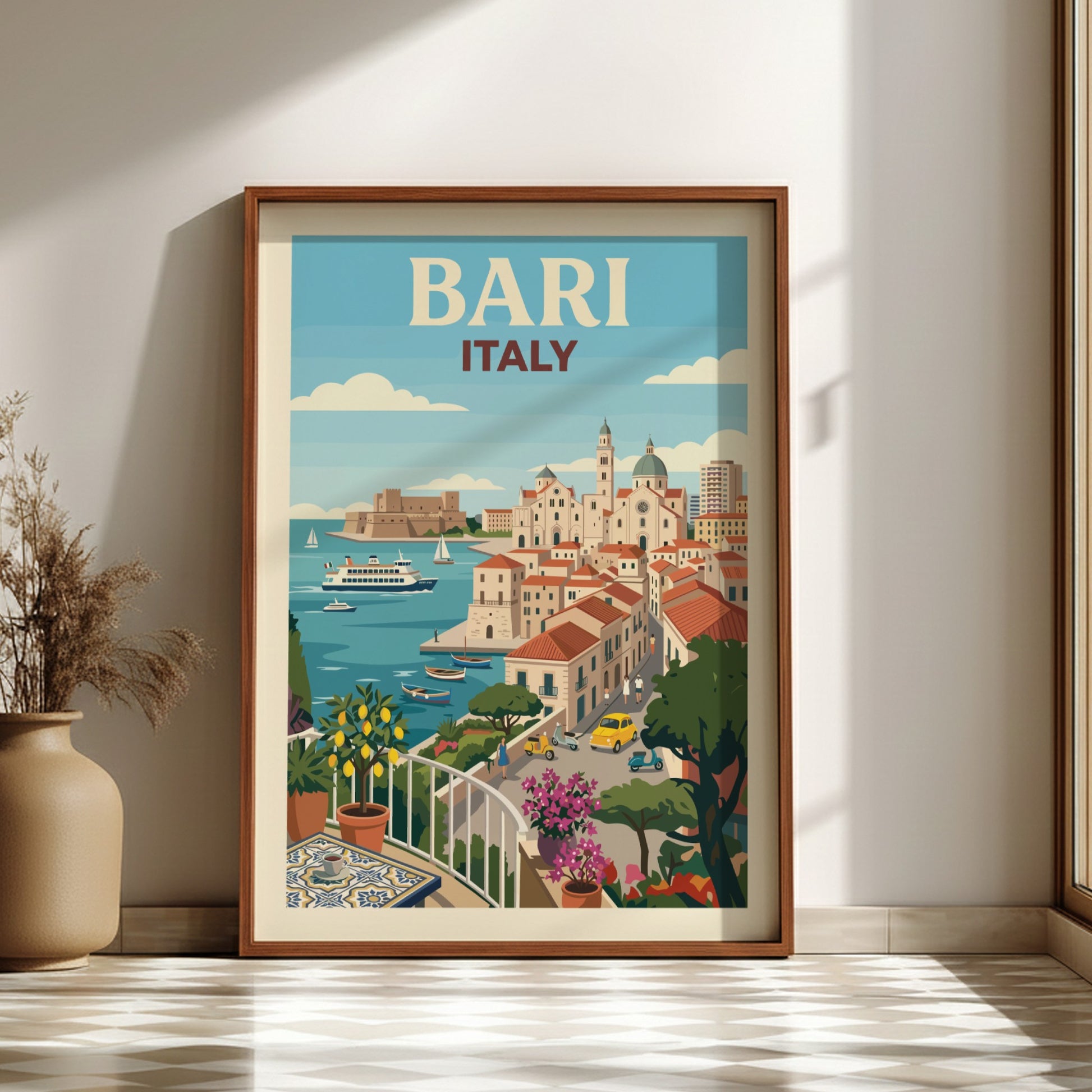 Vintage travel poster of Bari, Italy, featuring a coastal cityscape with boats and buildings in a retro style.