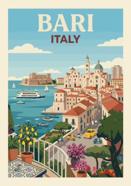Vintage travel poster of Bari, Italy, featuring a coastal cityscape with boats and buildings in a retro style.