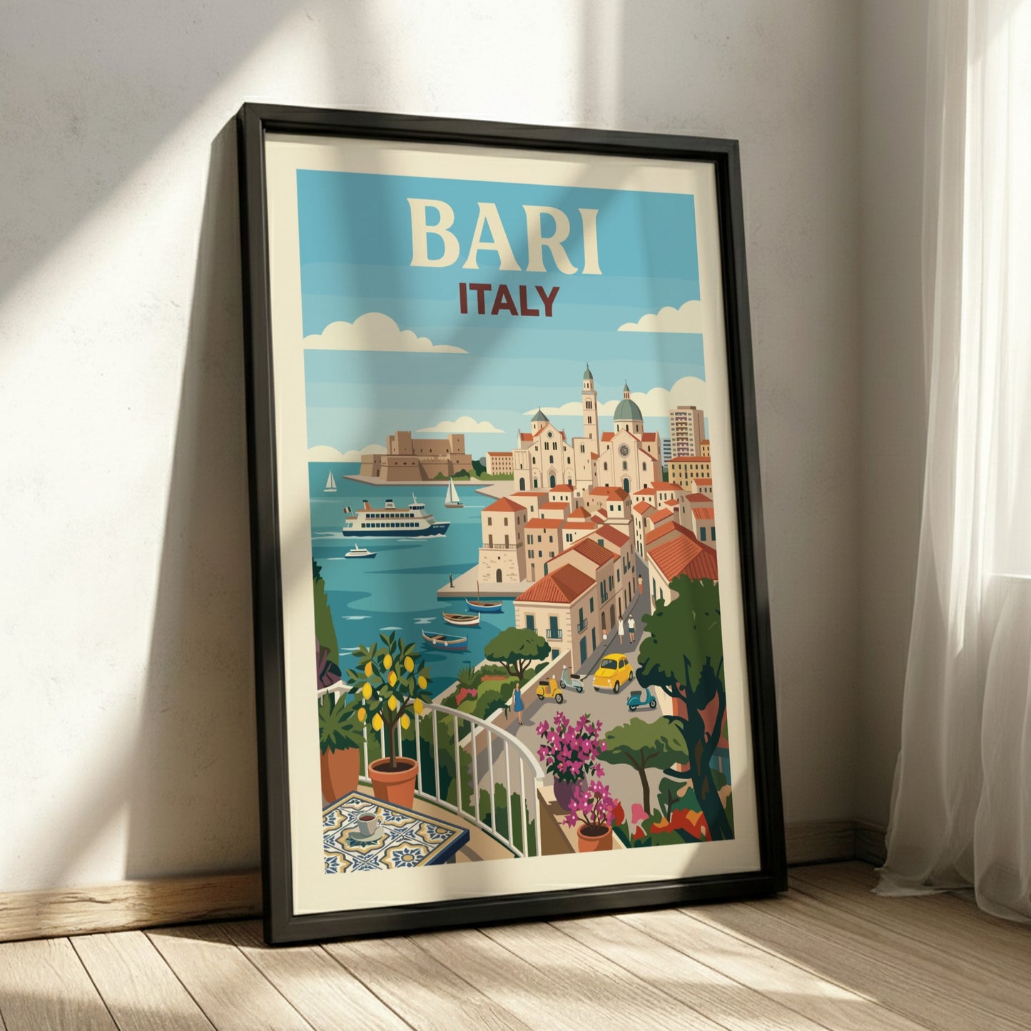 Vintage travel poster of Bari, Italy, featuring a coastal cityscape with boats and buildings in a retro style.