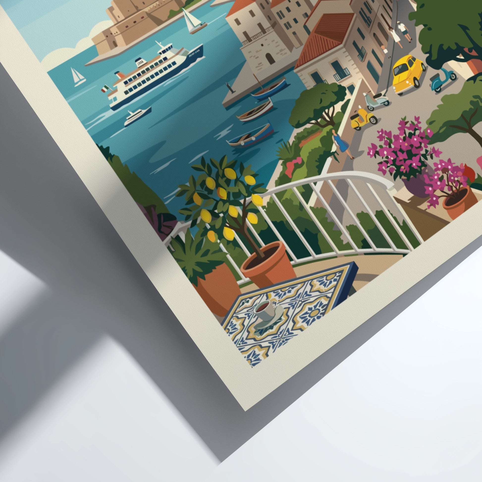 Vintage travel poster of Bari, Italy, featuring a coastal cityscape with boats and buildings in a retro style.
