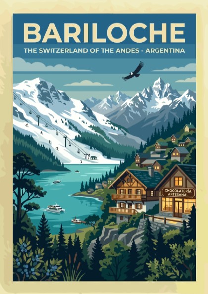 Travel poster of Bariloche featuring snow-capped Andes mountains, a blue lake, and alpine architecture.