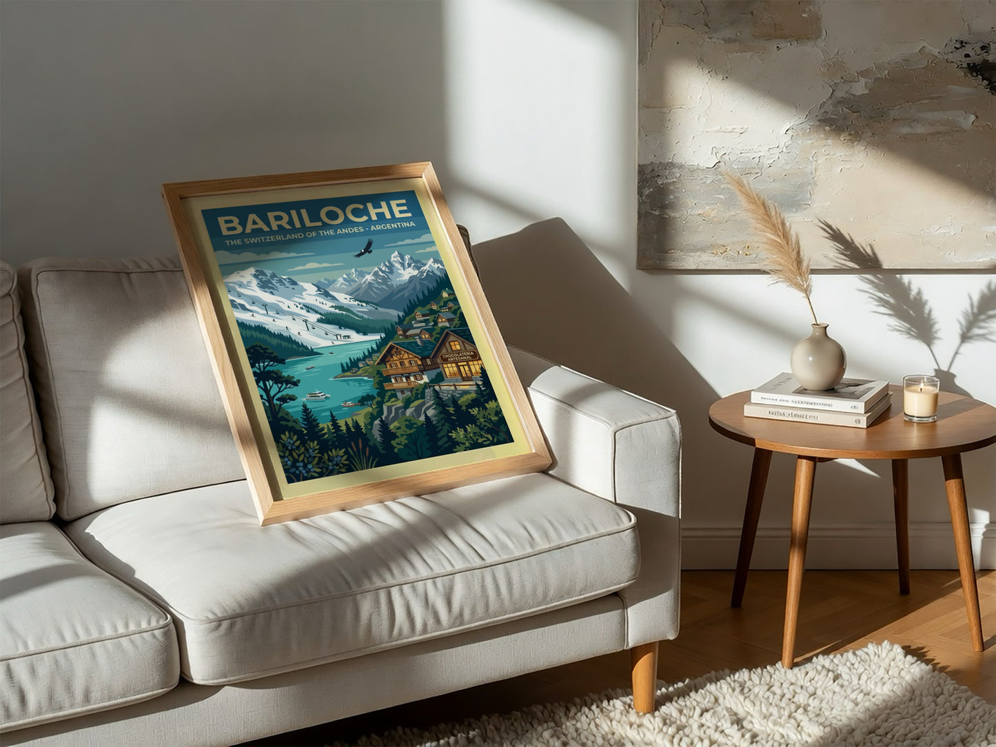 Travel poster of Bariloche featuring snow-capped Andes mountains, a blue lake, and alpine architecture.