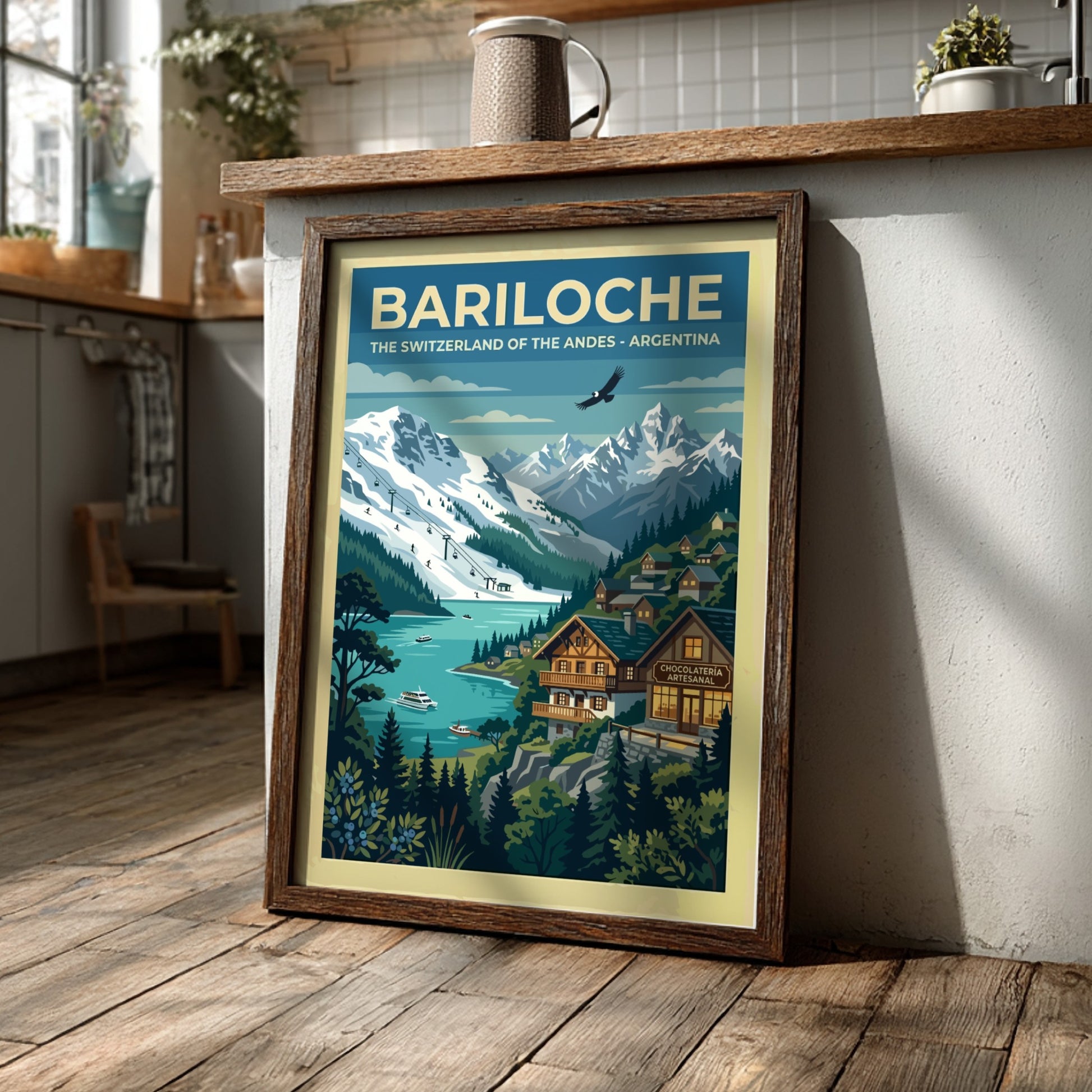 Travel poster of Bariloche featuring snow-capped Andes mountains, a blue lake, and alpine architecture.