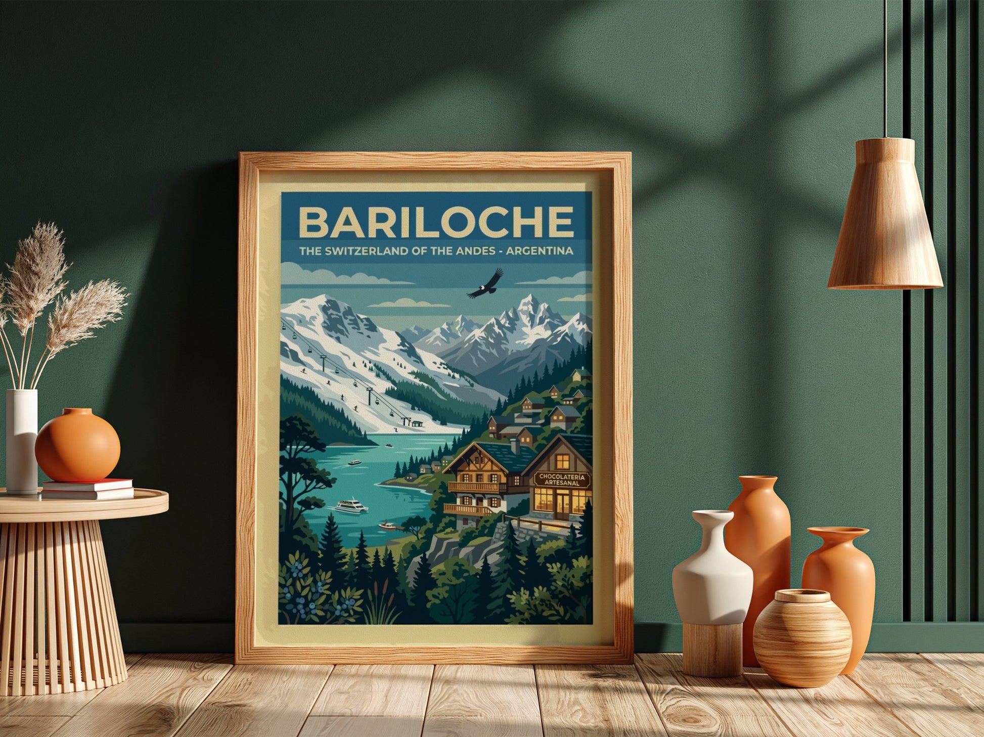 Travel poster of Bariloche featuring snow-capped Andes mountains, a blue lake, and alpine architecture.