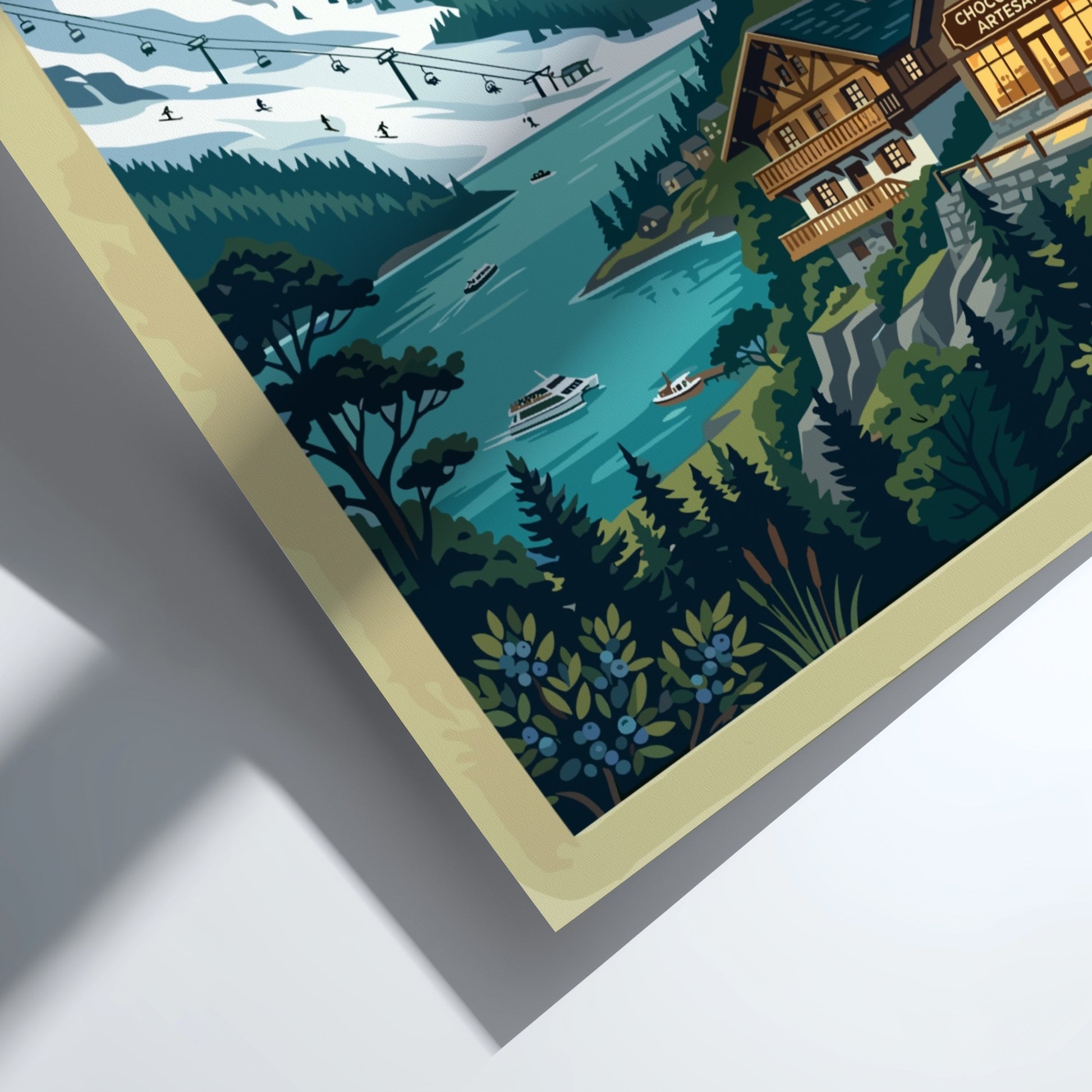 Travel poster of Bariloche featuring snow-capped Andes mountains, a blue lake, and alpine architecture.