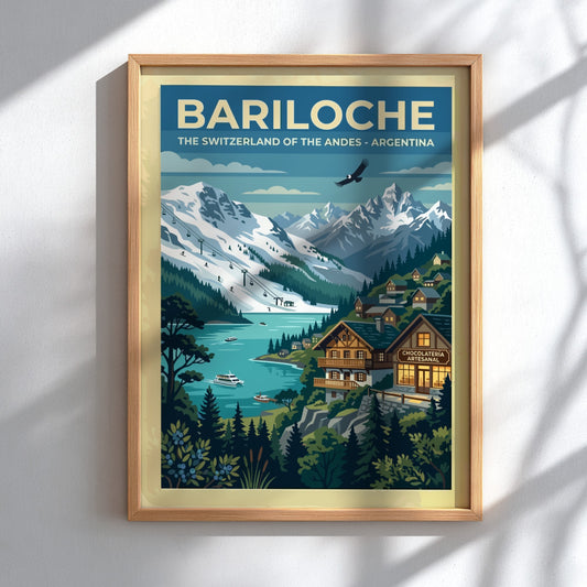 Travel poster of Bariloche featuring snow-capped Andes mountains, a blue lake, and alpine architecture.