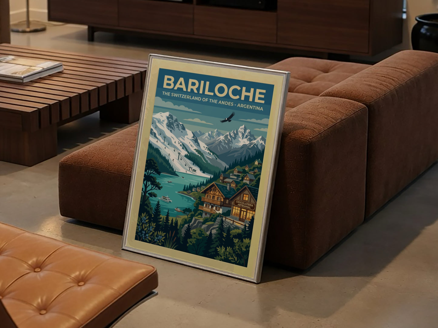 Travel poster of Bariloche featuring snow-capped Andes mountains, a blue lake, and alpine architecture.