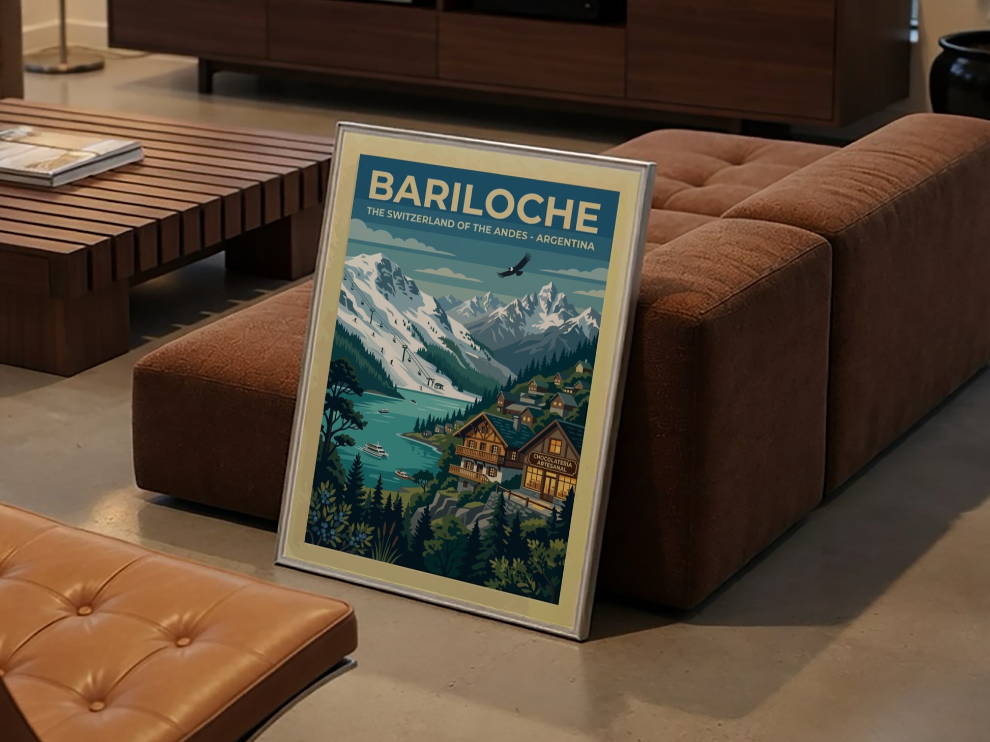 Travel poster of Bariloche featuring snow-capped Andes mountains, a blue lake, and alpine architecture.