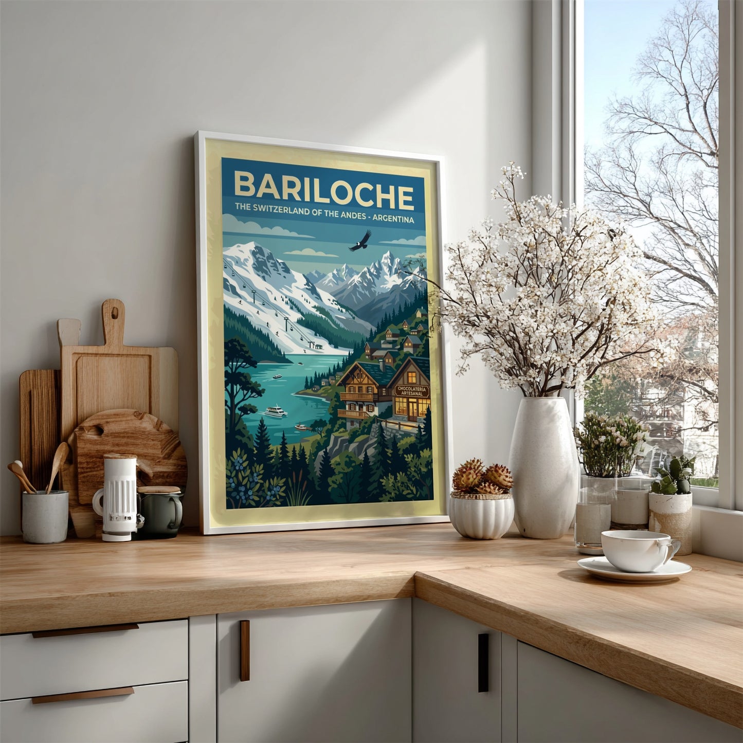 Travel poster of Bariloche featuring snow-capped Andes mountains, a blue lake, and alpine architecture.